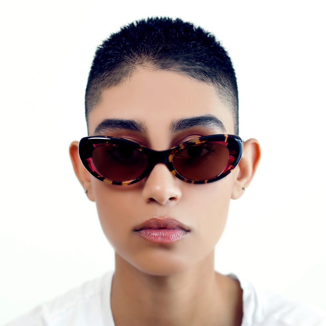 BROWN TORTOISE AND MAROON ACCENTS CLASSIC CAT EYE SUNGLASSES, GOLD METAL DETAILS. RED-BROWN LENS. ART DECO DESIGN, LIMITED EDITION. DESIGNER EYEWEAR, LUXURY SUNGLASSES. CELEBRITY SUNGLASSES. FEMALE ENTREPRENEUR.