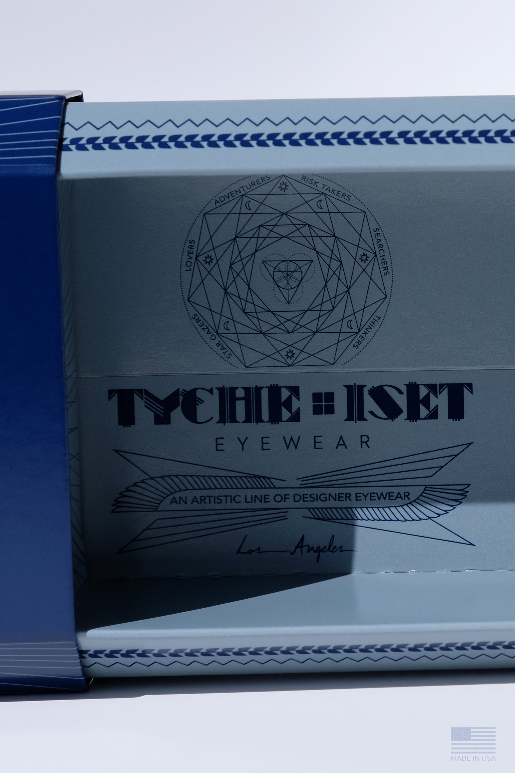 Packaging Design, Midnight Blue Sunglasses Box, lotus flower design, Tyche & Iset Eyewear Sunglasses, Los Angeles, Woman-Owned Business, Sustainable, Eco-Friendly, Sunburst, Wheel of Fortune, Tyche Goddess, Iset Goddess, Isis Goddess, Moon, Sun, Graphic Design Illustration, Art, Positive Vibrations, the Universe, Amazonite Gemstones