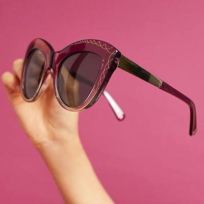 Pink sunglasses, Magenta Glasses, Oversized Cat Eye Sunglasses, Sunglasses Face Shape Guide, Eyewear Style Guide, Independent Eyewear, Woman-Owned Business, Geometric Eyewear, Blue Sunglasses, Mythology, Accessories, Accessible Luxury, Los Angeles, Art Deco Inspired, Luxury, Celebrity Style