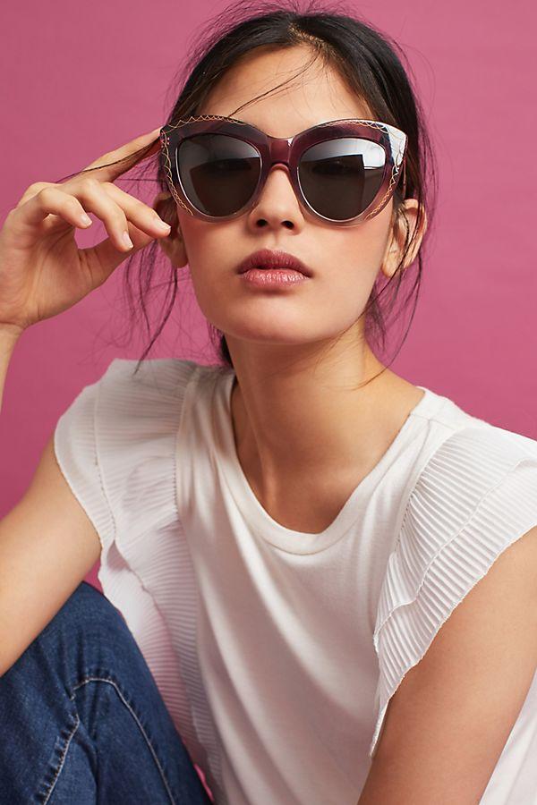 Pink sunglasses, Magenta Glasses, Oversized Cat Eye Sunglasses, Sunglasses Face Shape Guide, Eyewear Style Guide, Independent Eyewear, Woman-Owned Business, Geometric Eyewear, Blue Sunglasses, Mythology, Accessories, Accessible Luxury, Los Angeles, Art Deco Inspired, Luxury, Celebrity Style