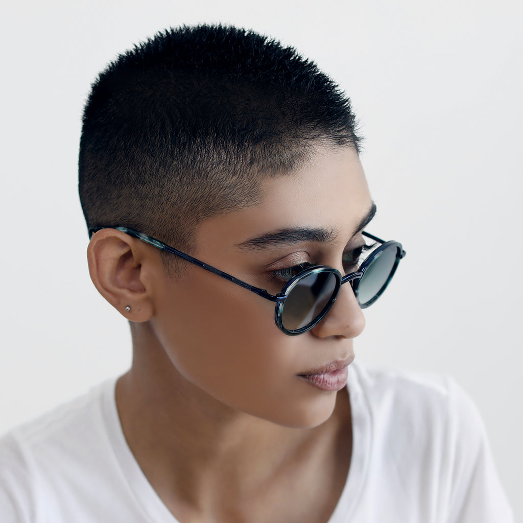NAVY BLUE CLASSIC UNISEX OVAL SUNGLASSES, BLUE METAL DETAILS. BLUE GRADIENT LENS. ART DECO DESIGN, LIMITED EDITION. DESIGNER EYEWEAR, LUXURY SUNGLASSES. CELEBRITY SUNGLASSES. FEMALE ENTREPRENEUR.