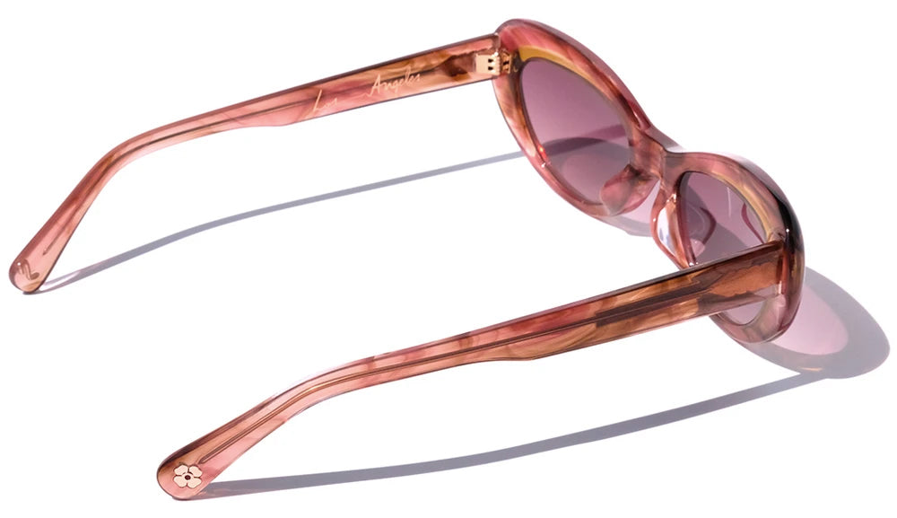 PINK AND CARAMEL BROWN ACCENTS CLASSIC CAT EYE SUNGLASSES, ROSE GOLD METAL DETAILS. MAROON LENS. ART DECO DESIGN, LIMITED EDITION. DESIGNER EYEWEAR, LUXURY SUNGLASSES. CELEBRITY SUNGLASSES. FEMALE ENTREPRENEUR.