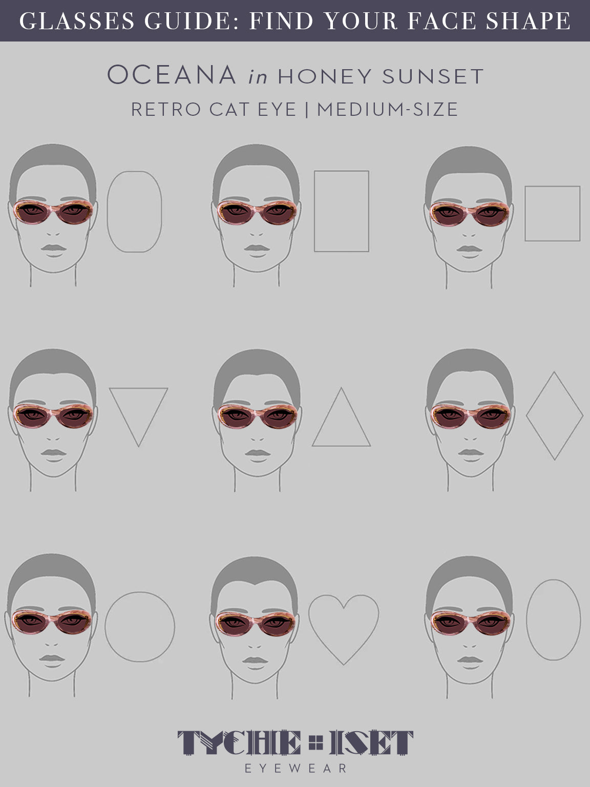 face shape guide, sunglasses face shape guide, black glasses, oversized sunglasses, woman-owned business, designer eyewear, luxury sunglasses, cat eye glasses, celebrity style, shimmer glasses, pink sunglasses, retro style