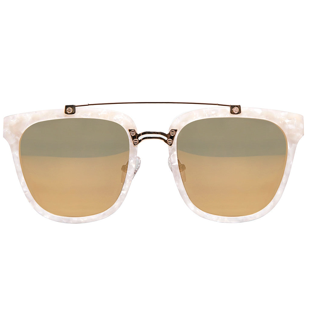 PEARL WHITE CLASSIC UNISEX ROUND SUNGLASSES, GOLD METAL DETAILS. GOLD MIRROR LENS. ART DECO DESIGN, LIMITED EDITION. DESIGNER EYEWEAR, LUXURY SUNGLASSES. CELEBRITY SUNGLASSES. FEMALE ENTREPRENEUR.